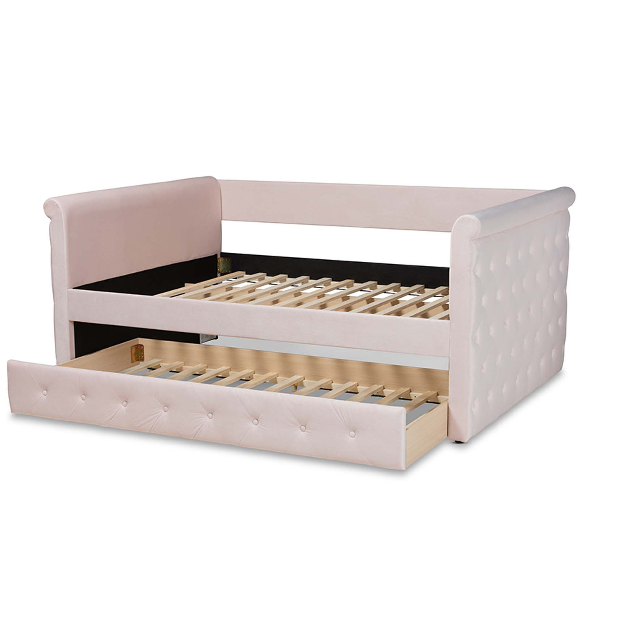 Samitha Upholstered Daybed with Trundle, Light Pink Velvet, Full