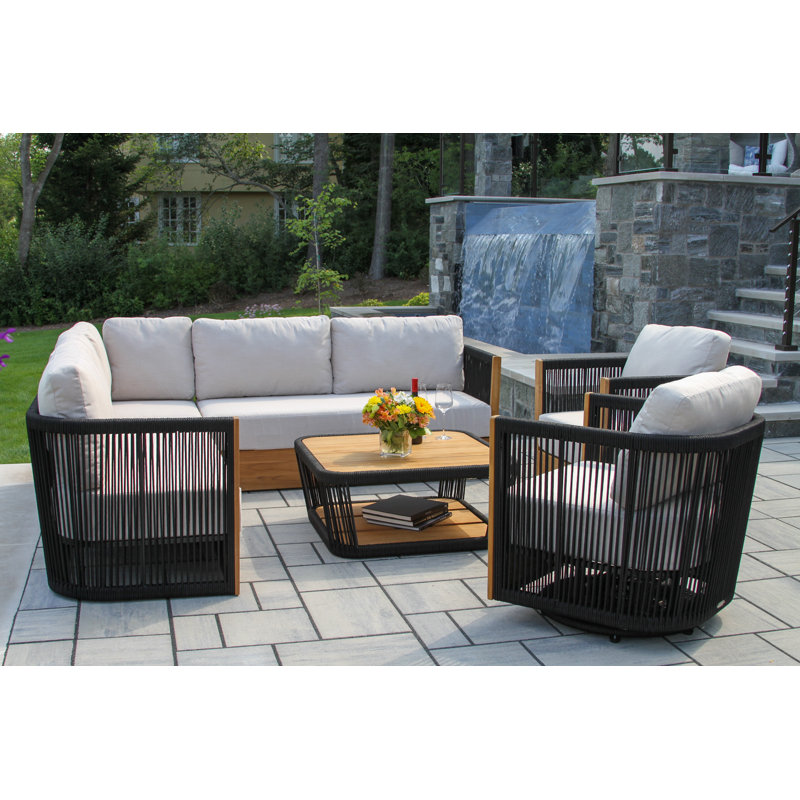 Aniston 5-piece Teak & Black Rope Outdoor Seating Set With Swivel Chairs And Sunbrella Cushions