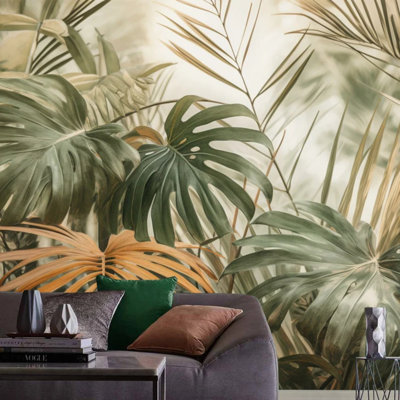 Lush Tropical Monstera And Palm Leaf Wall Mural Green Botanical Nature Inspired Statement Wall Decor For Living Room Bedroom Bathroom Accent Wall
