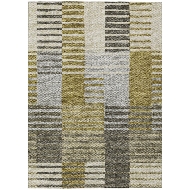 3' X 5' Brown Gold Striped Washable Indoor Outdoor Area Rug