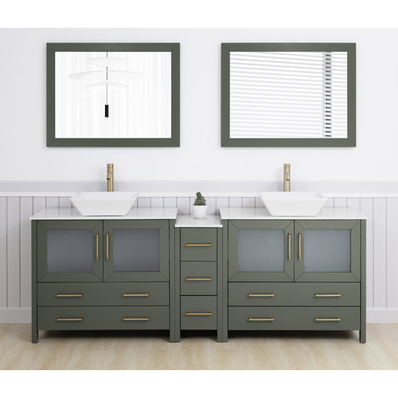 Meuble-lavabo double 84 po avec plateau en marbre d'ingénierie avec miroir, Or brossé, Vert rétro