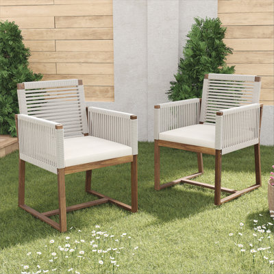 Ensemble de 2 chaises de salle à manger d'extérieur, fauteuil de patio en bois d'acacia avec dossier et accoudoirs en corde et coussin lavable, pour la cour, la piscine et le jardin