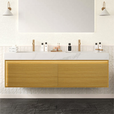 Meuble-lavabo de 60 po et lavabo, armoire de rangement flottante ultra-mince en contreplaqué, tiroirs et capteur de lumière, plateau en pierre frittée blanc de Carrare et 2 lavabos encastrés en céramique, pré-assemblé, grain de bois clair