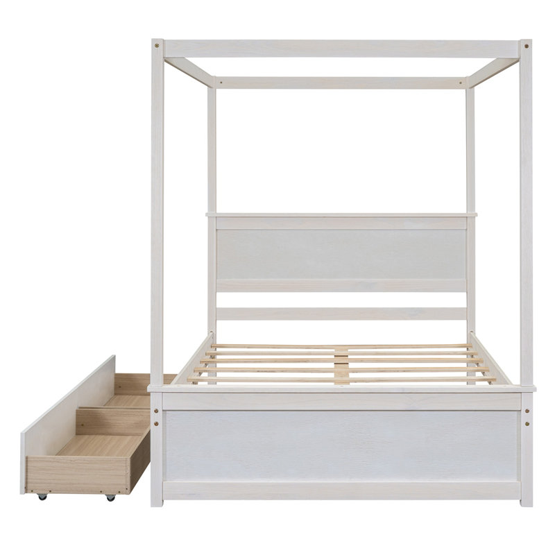 Lit à baldaquin double en bois blanc brossé avec 2 tiroirs de rangement intégrés