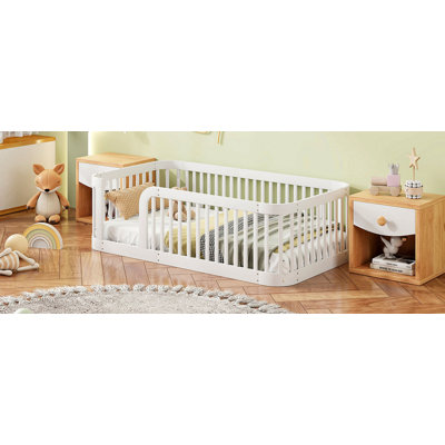 Wood Twin Size Wood Floor Bed Frame With Fence