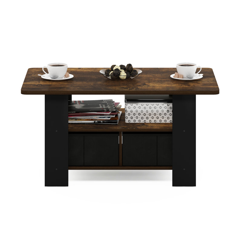 Hilburn Four Leg Coffee Table with Storage, Amber Pine/Black