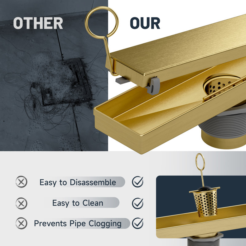 28" 304 Stainless Steel Linear Drain For Fast Drainage, Floor Drain For Bathroom, Brushed Gold