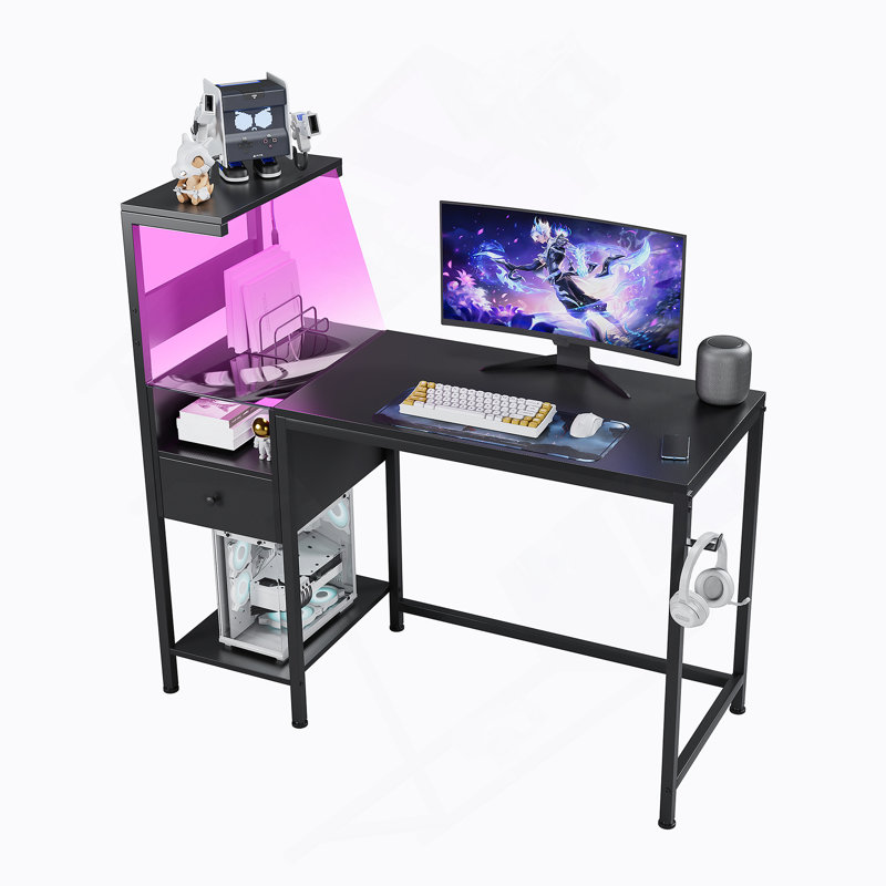 Computer Desk with Power Outlet & Storage Shelves, Study Table with USB Ports Charging Station