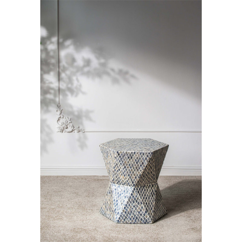 19X19x20 Tapered Blue Garden Capiz Stool, Accent Side Table With Geometric Charm And Functional Design