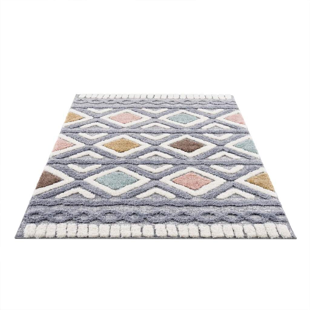 Teppich Focus 3382 Hochflor Boho Wohnzimmer Creme, Graublau Hochtief-Muster/ 3D-Effekt Rautenmuster Stewart