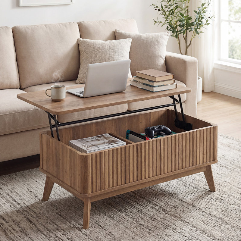 Fluted Lift Top Coffee Table Rectangle Wooden Center Table With Lift Tabletop & Hidden Compartments
