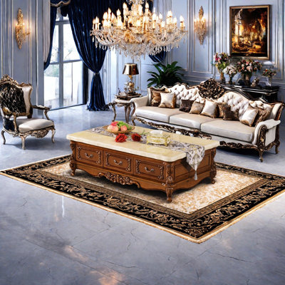 Marble Top Oak Coffee Table with Vintage Carved