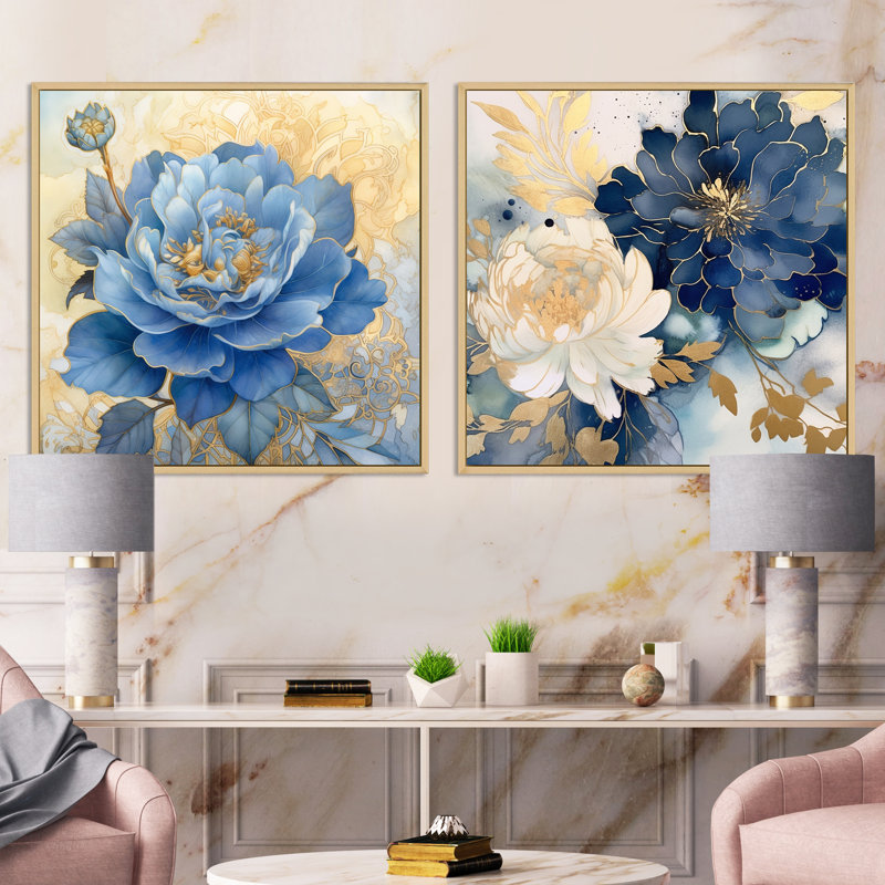 Ensemble de 2 fleurs rétro chorales blanches, Cadre flottant brun, H 36 po x l 73 po