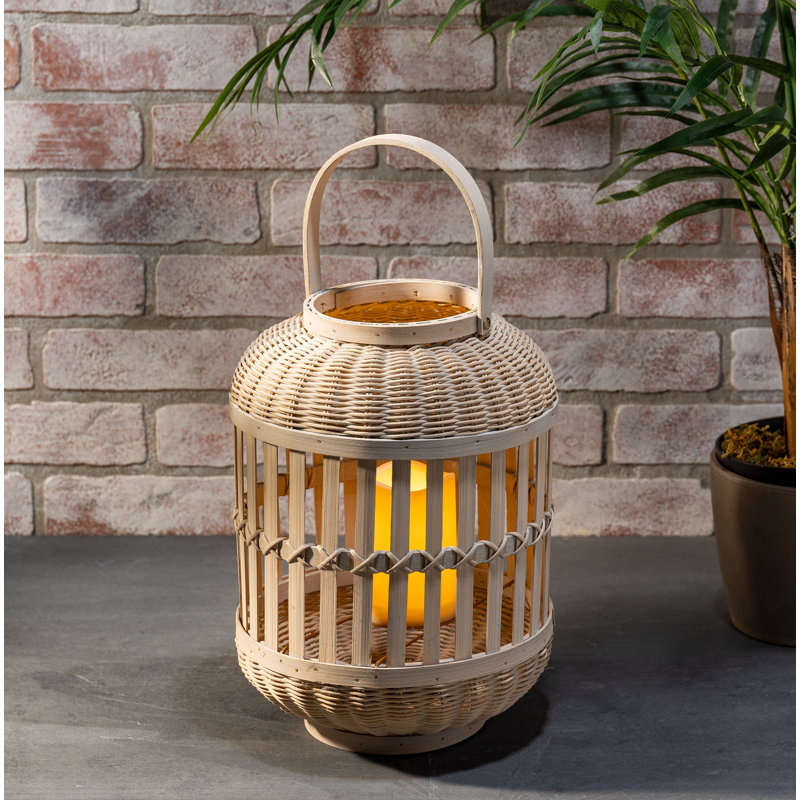 13.38-inch Tall Natural Bamboo Lantern with 6-inch tall battery operated candle, 13.38" H x 9.84" W x 9.84" D