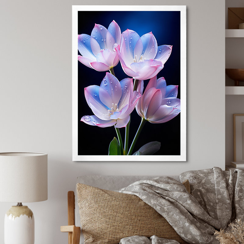 Chantler, tulipes roses et bleues enchantées sur fond noir - impression, Cadre photo blanc, H 20 po x l 12 po x P 1 po