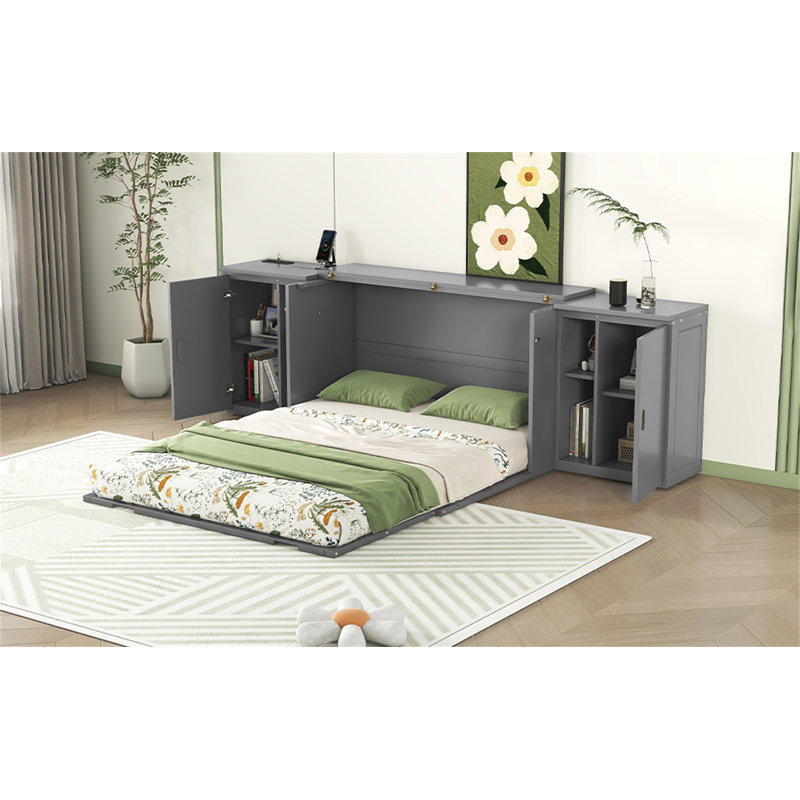 Murphy Bed With Shelves, Gray, Queen