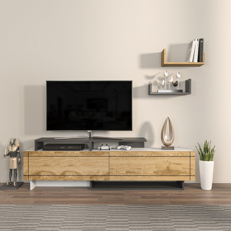 Meuble télé moderne avec rangement, blanc et chêne, 70,9 po x 21,3 po x 14,5 po | 100% panneau de particules enduit de mélamine, épaisseur: 0,7 pouce | Design élégant pour le salon et les espaces de divertissement, durable et fonctionnel