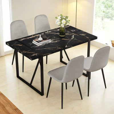 Modern Black Marble-Pattern MDF Dining Table Set - 55"x31.4", with 4 Light Gray Linen Chairs