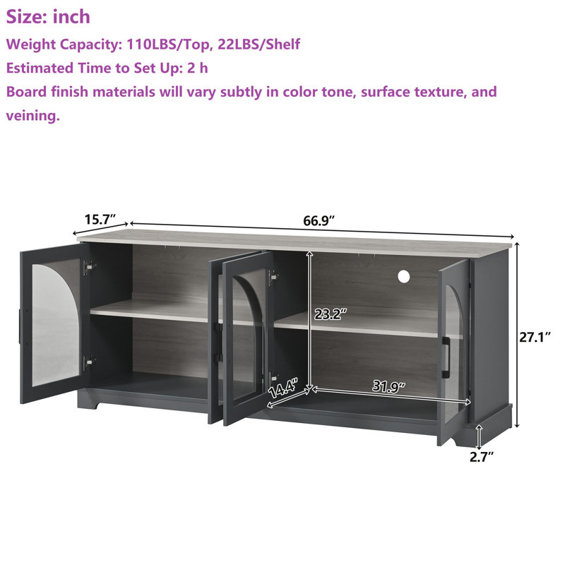 66.9"W Sideboard With French Style Semi-Arched Glass Doors, Blue