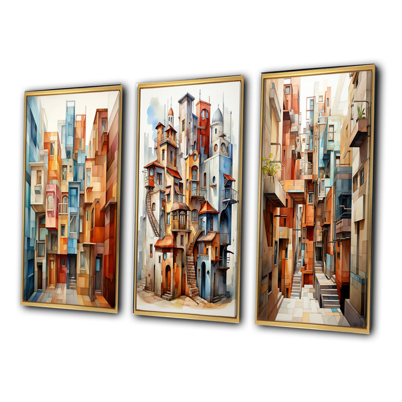 «Cubism Art Multidimensional», 3 pièces sur toile, H 32 po x l 48 po, Encadrement doré