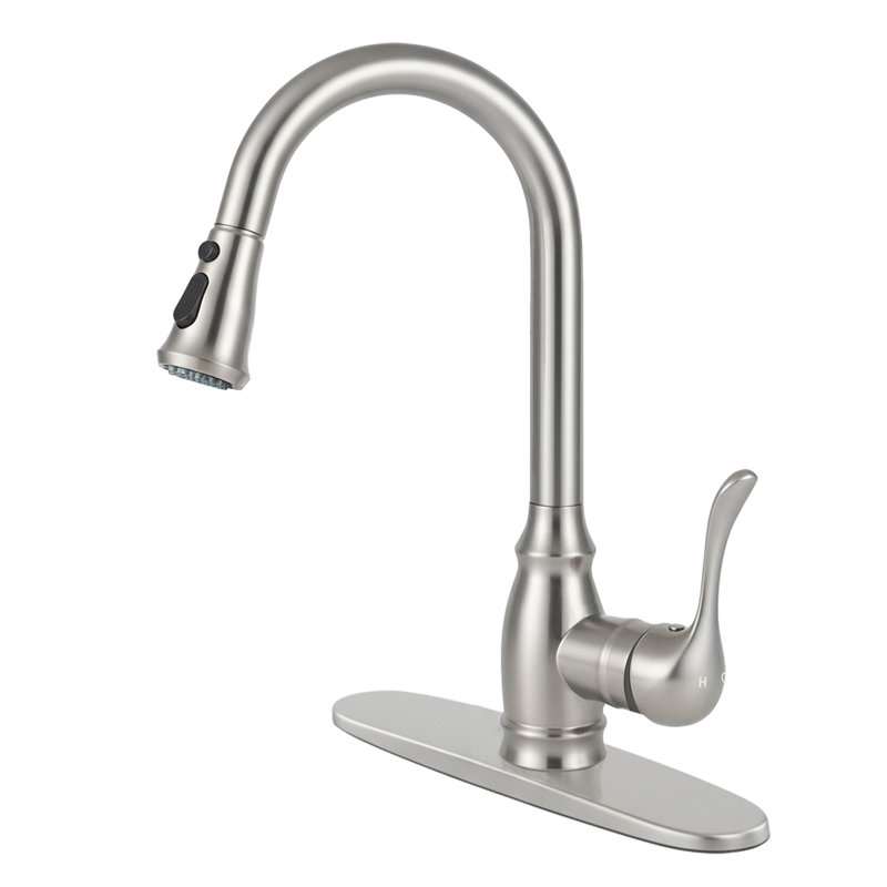 Robinet de cuisine monocommande à grande arche avec une finition en nickel brossé, avec une douchette rétractable avec 2 modes de jet - robinet d'évier de cuisine
