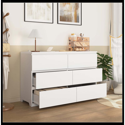 Large armoire de rangement et commode en bois à 6 tiroirs, grand coffre de rangement pour la chambre à coucher, le couloir, l'entrée et le salon, blanc