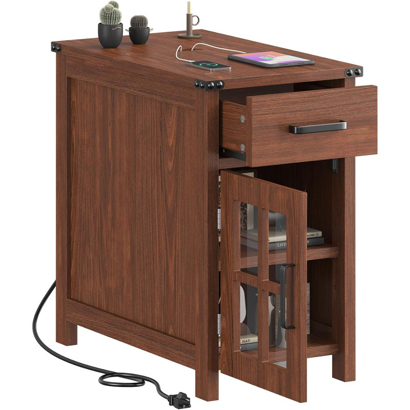 Farmhouse End Table with Charging Station and 1 Storage Cabinet, 1 Drawer, Black Wood Nightstand Narrow, Skinny Side Table, Slim Bedside Table, Small Nightstand for Bedroom, Living Room, Sofa