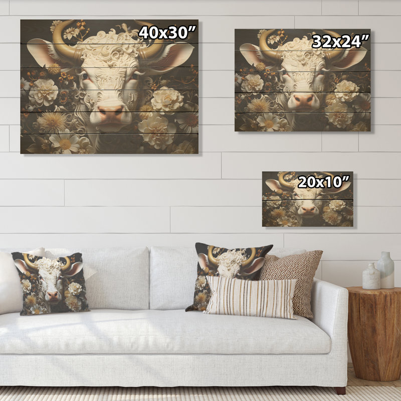 Portrait de bouvier baroque - Art mural en bois de vache sur bois de pin naturel, H 30 po x l 40 po