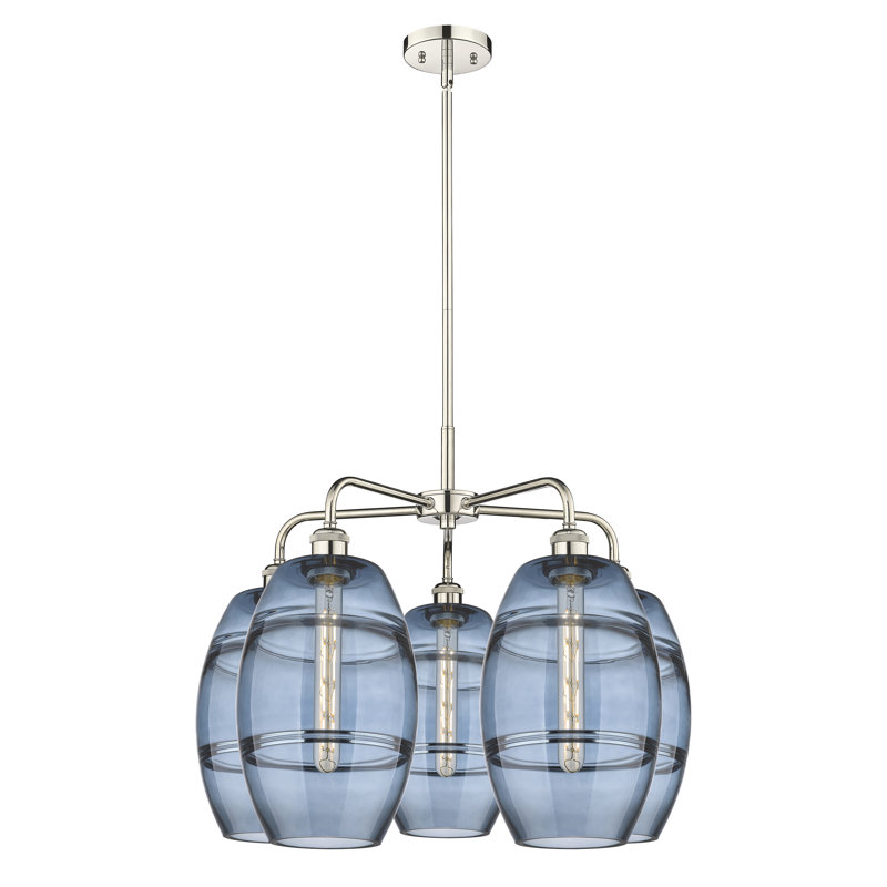 Lustre rond / ovale à abat-jour 5 lumières, H 15,38 po x l 26 po x P 26 po, Bleu princesse, Nickel poli