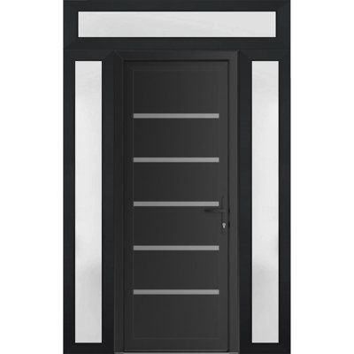 Porte d'entrée extérieure prémontée en PVC-U noir mat Manux 8415 avec imposte et panneau latéral supérieur. Convient aux bureaux, aux commerces et aux habitations. Parfait pour l'entrée, les patios et les garages. Dimensions : 64 x 94 po (L 16 + 32 + 16 po x H 80 + 14 po). Ouverture à gauche vers l'intérieur.