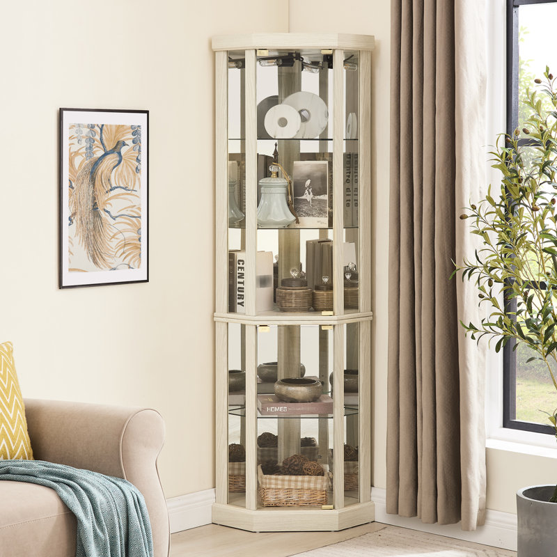 Living Room Curio Shelf, Antique White, Lighted, 150 Lbs Capacity, Practical Lighted Cabinet, Glass Doors, 64.18 Lb, Attractive Storage