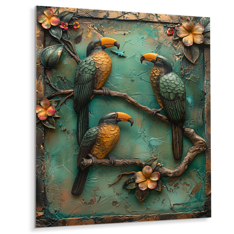 Reproduction d'art mural jaune et vert forêt tropicale Radiance Toucans, Métal métal, 44" H x 34" W