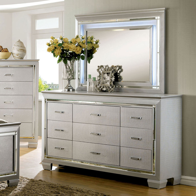 Commode 9 tiroirs avec miroir Crampton, Argent