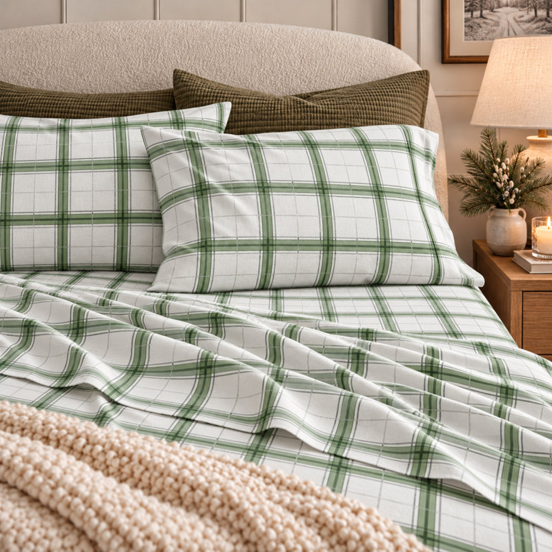 Ensemble de draps 100% flanelle de coton écossais, Ensemble de draps très grand californien avec 2 t, Vert et gris rayé