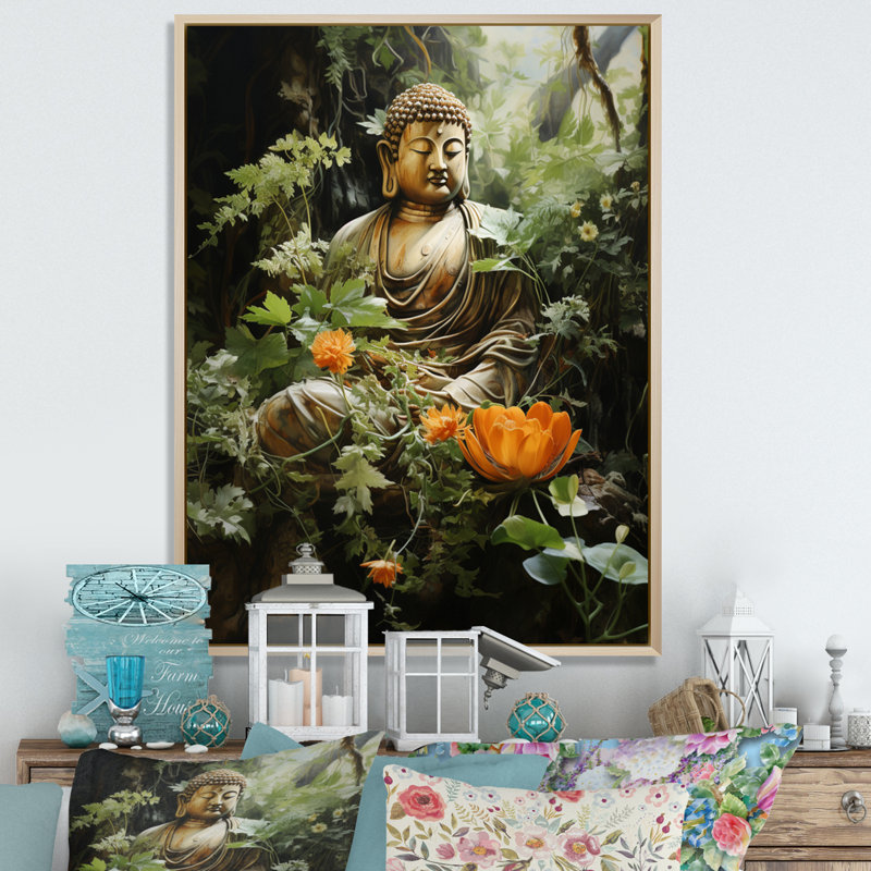 Bouddha vert, art bouddhas serein II - décoration murale bouddhisme, L 30 po x H 40 po, Cadre naturel flottant