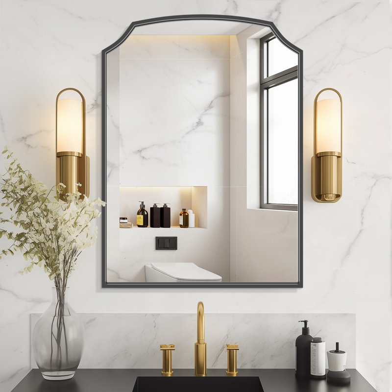 Iron Framed Arched Wall Mirror for Bathroom & Bedroom, Black, 30" x 22"