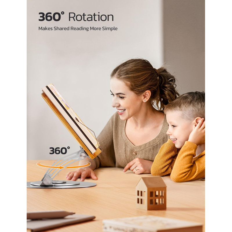 Bamboo 360 Rotating Book Stand For Reading, Adjustable Textbook Holder For Reading, Foldable Desktop Cookbook Stand With Protective Page Clips, Fits All Books - Silver