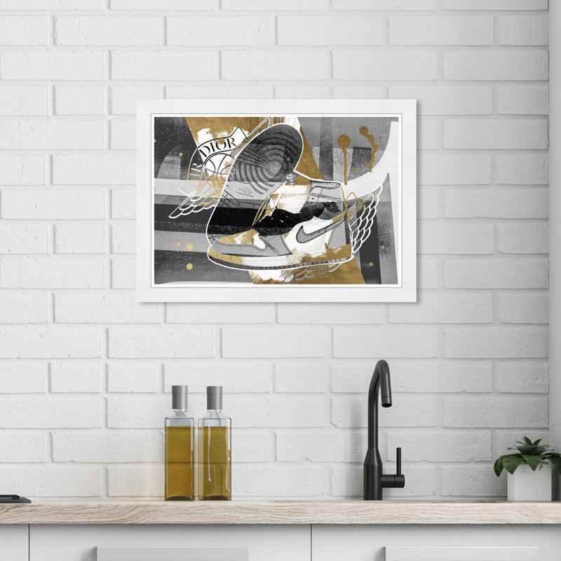 Golden Winged Shoes - impression encadrée, Cadre blanc