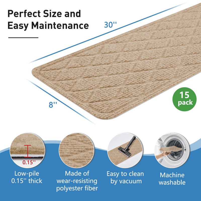 Beige Polyester Non-Slip Stair Treads with TPR Backing, 15 Pack
