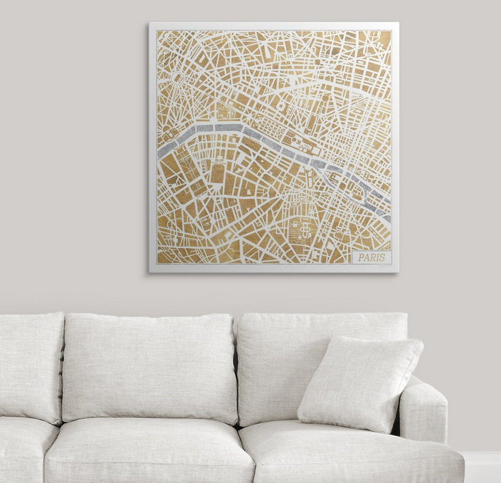 «Gilded Paris Map» par Laura Marshall, impression d'art graphique Kerlynn, H 35 po x l 35 po x P 1,5 po, Toile