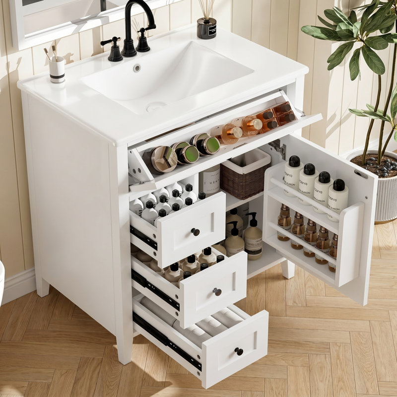 Meuble-lavabo simple autoportant de 30 po avec lavabo en céramique, portes à fermeture douce, 3 tiroirs, tablette intérieure réglable, assemblage facile