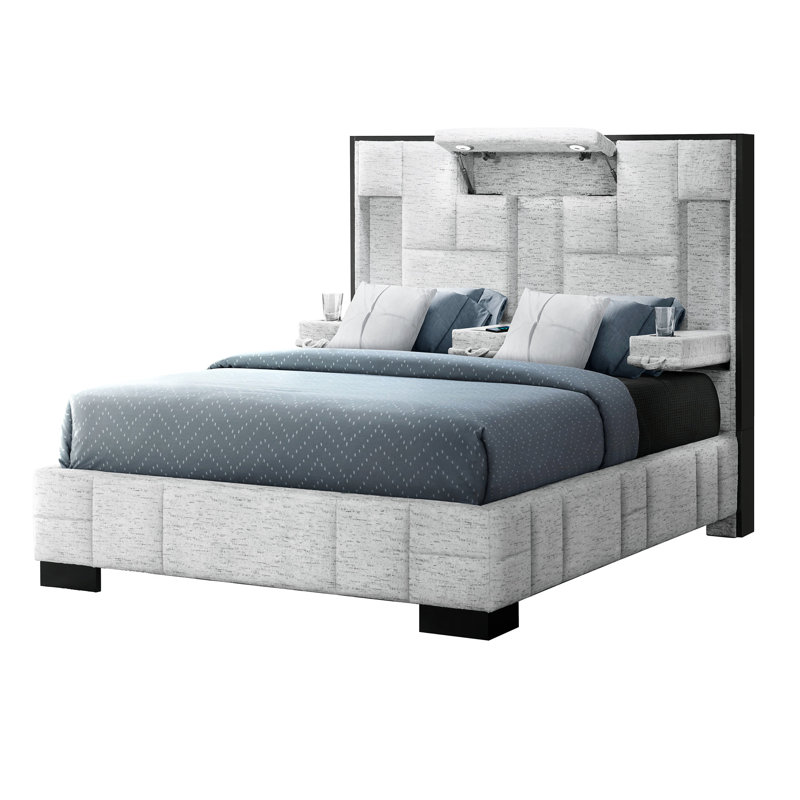 Grand lit gris, tissu, aspect contemporain de la chambre à coucher, rabattable, point de charge sans fil, lumières de lecture à DEL, haut-parleur intégré de style moderne gris, de chaque côté, place,