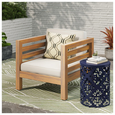 Oana Mid-Century Modern Outdoor Club Chair with Acacia Wood Frame, Beige