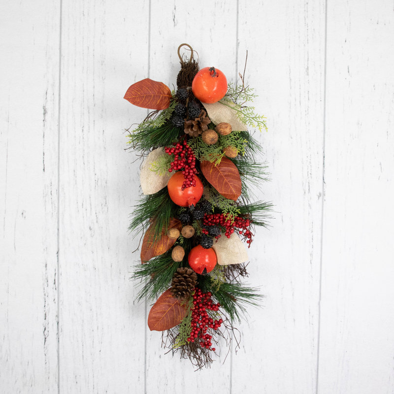 30" Burlap & Berry Pine Cone Autumn Teardrop Swag - Unlit