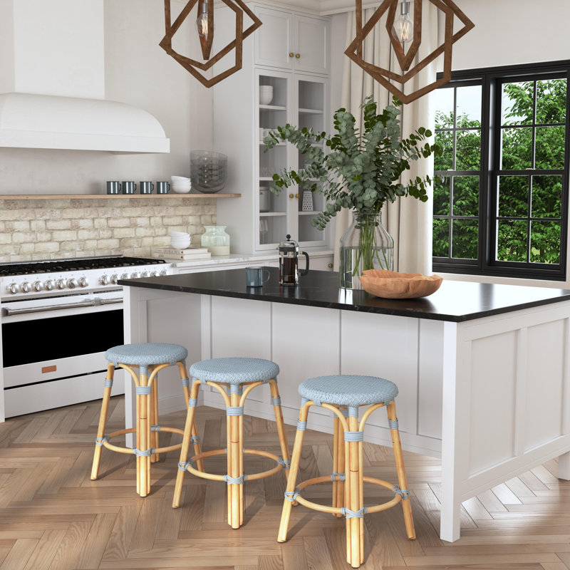 Alastair Bar & Counter Stool, Glossy White/Natural Rattan Frame, Counter Stool (24" Seat Height)