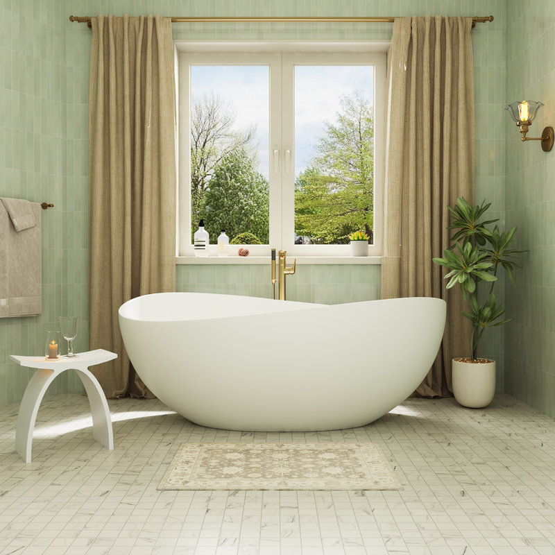CASAINC 63" Solid Surface Freestanding Soaking Bathtub With Drain