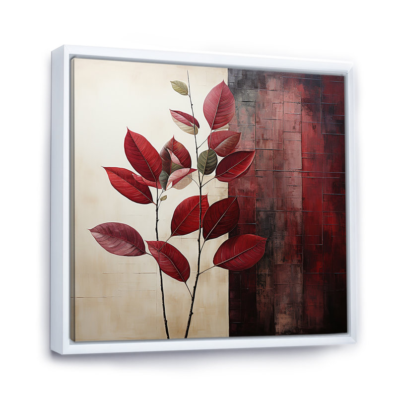 Bordeaux, feuille audacieuse II - feuilles, art mural, Cadre flottant blanc, H 44 po x l 44 po