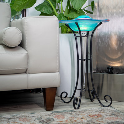 27 in Tall Floor Mist Fountain with 12 Colour Changing LED Lights and Inline Control - Blue Glass and Metal Design, Blue Freestanding Indoor