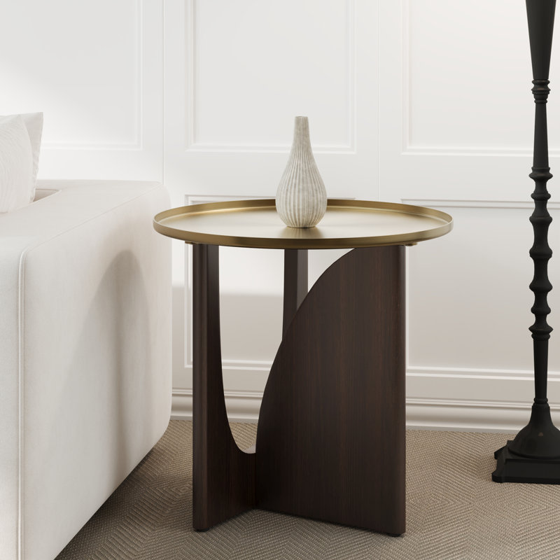 Table de bout ronde avec plateau en or brossé et base en noyer massif, Brun