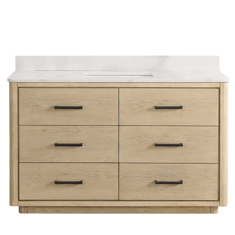 Meuble-lavabo sur pied simple 55 po avec plateau en quartz Calacatta Porto, Chêne naturel, Noir mat